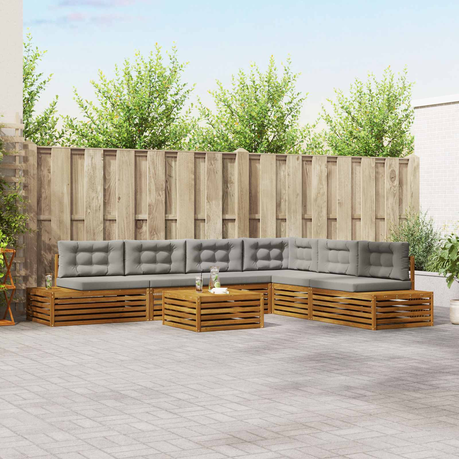 vidaXL Outdoor-Sofagarnitur mit Kissen 7 Stück Natürlich und Hellgrau