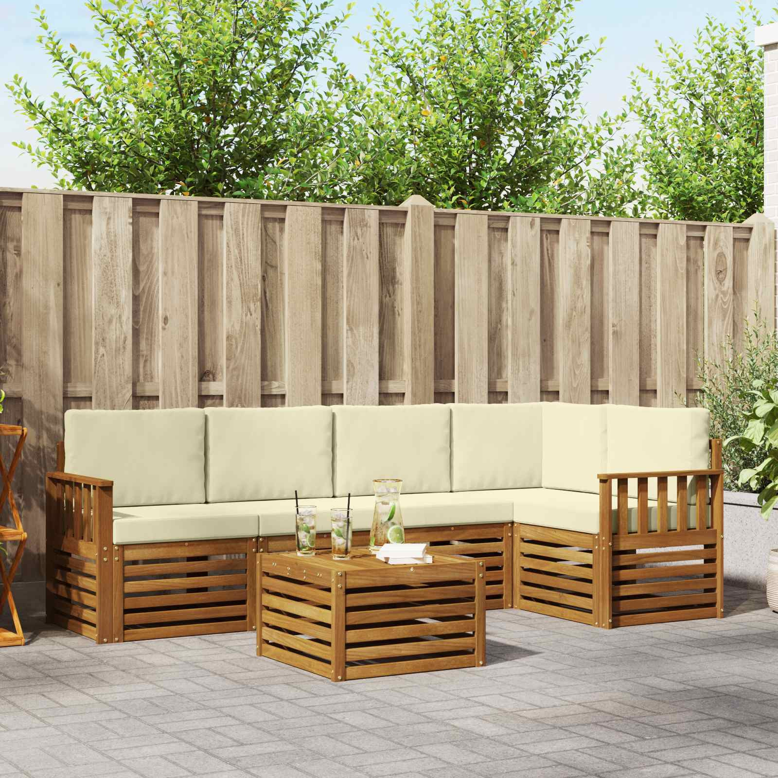 vidaXL Ecksofa Set mit Kissen 6 pcs Natur und Creme Massivholz Akazie