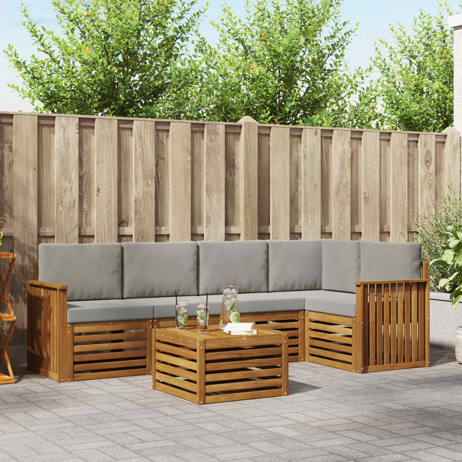 vidaXL Ecksofa Set 6 pcs Natürlich und Hellgrau Massivholz Akazie
