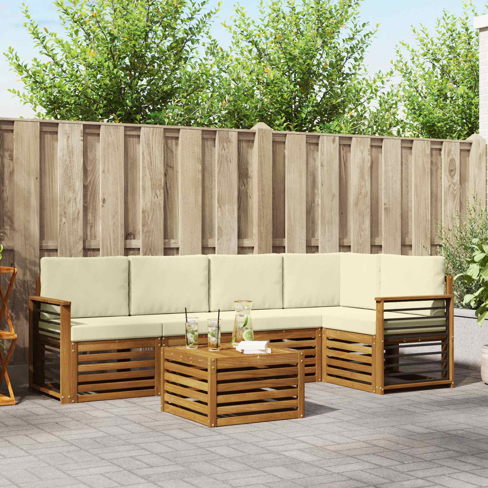 vidaXL Ecksofa Set mit Kissen 6 pcs Natur und Creme Massivholz Akazie
