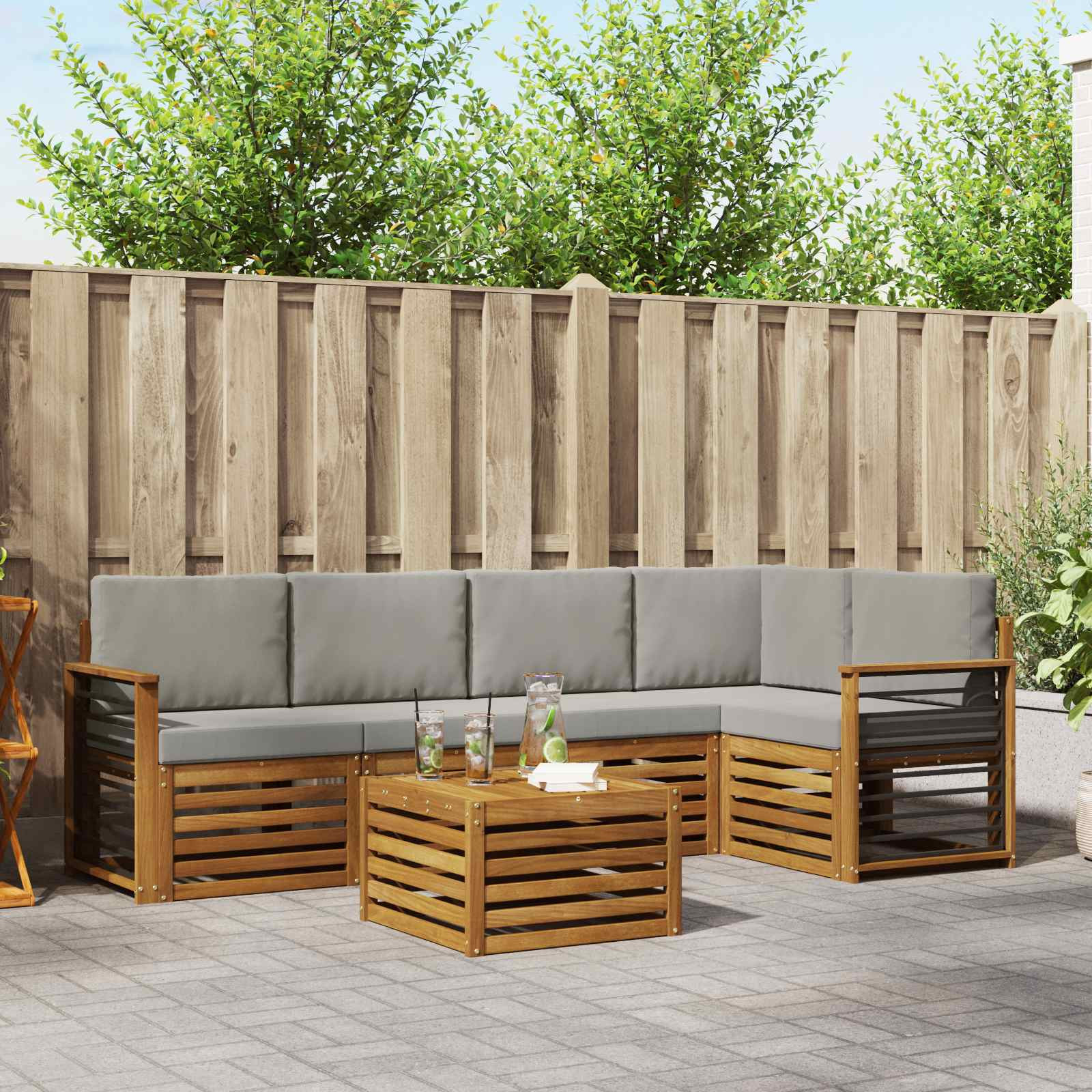 vidaXL Ecksofa Set 6 pcs Natürlich und Hellgrau Massivholz Akazie