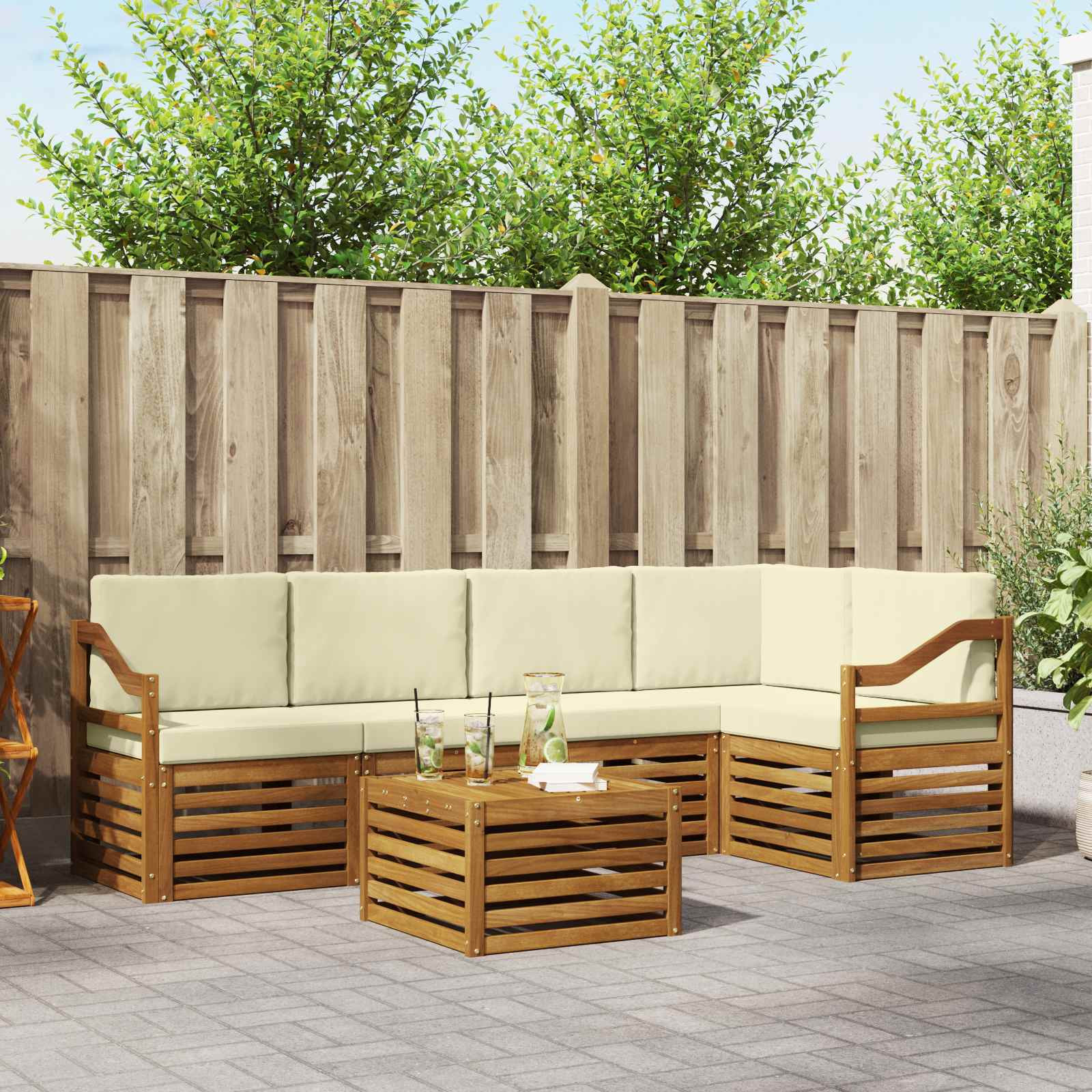 vidaXL Ecksofa Set mit Kissen 6 pcs Natur und Creme Massivholz Akazie