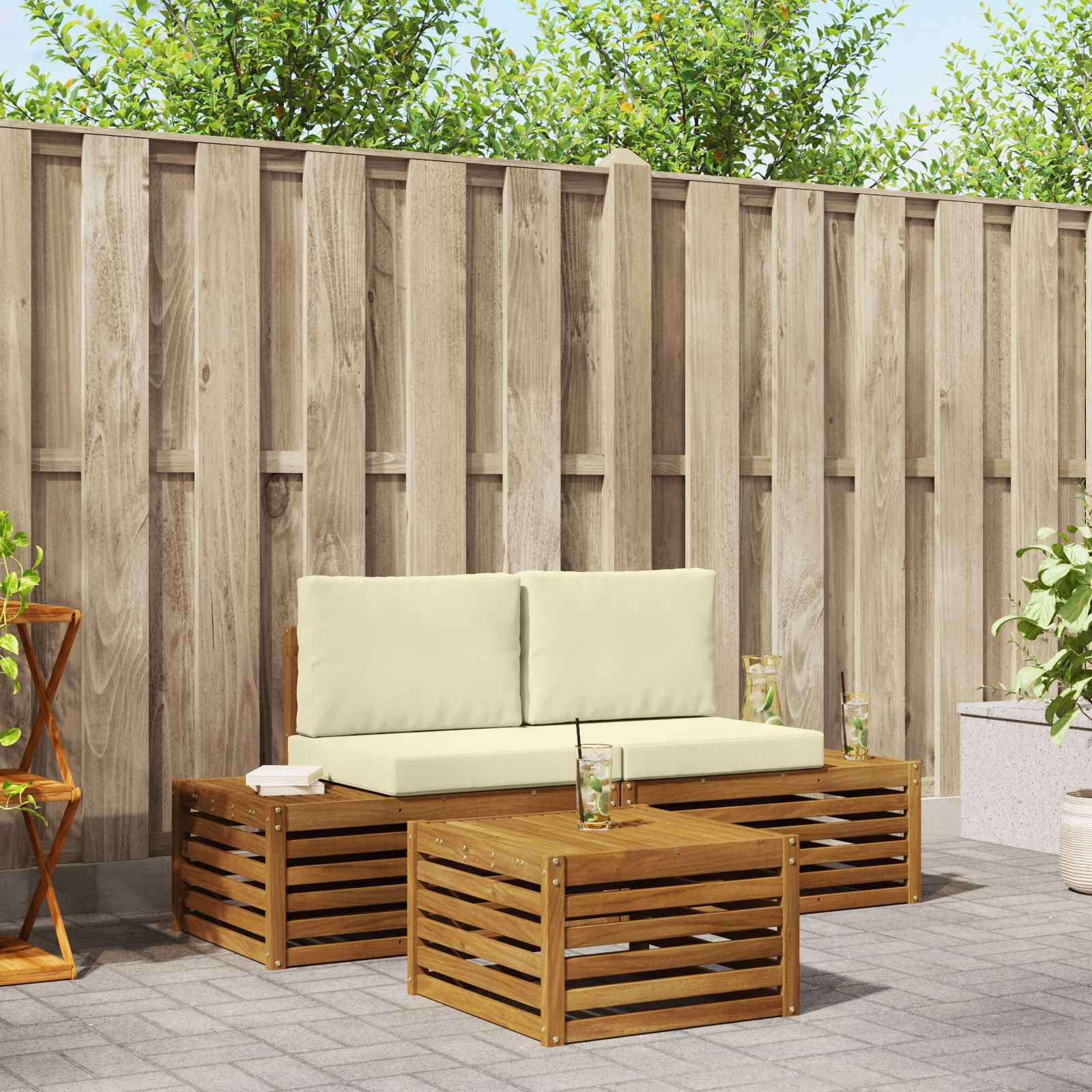 vidaXL Outdoor-Sofagarnitur mit Kissen Natur und Creme 59 x 59 x 37 cm