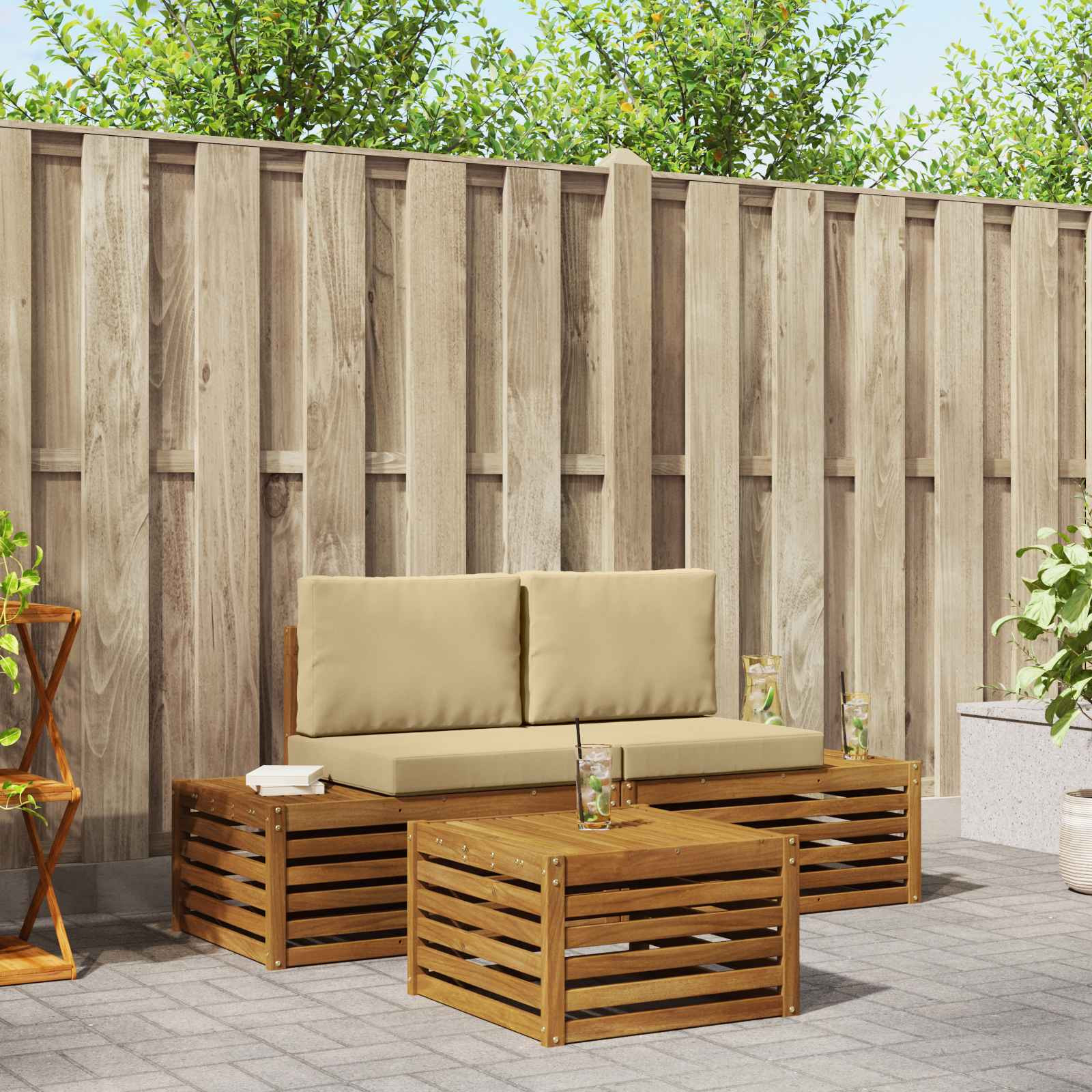 vidaXL Outdoor-Sofagarnitur mit Kissen Natur und Beige 59 x 59 x 37 cm