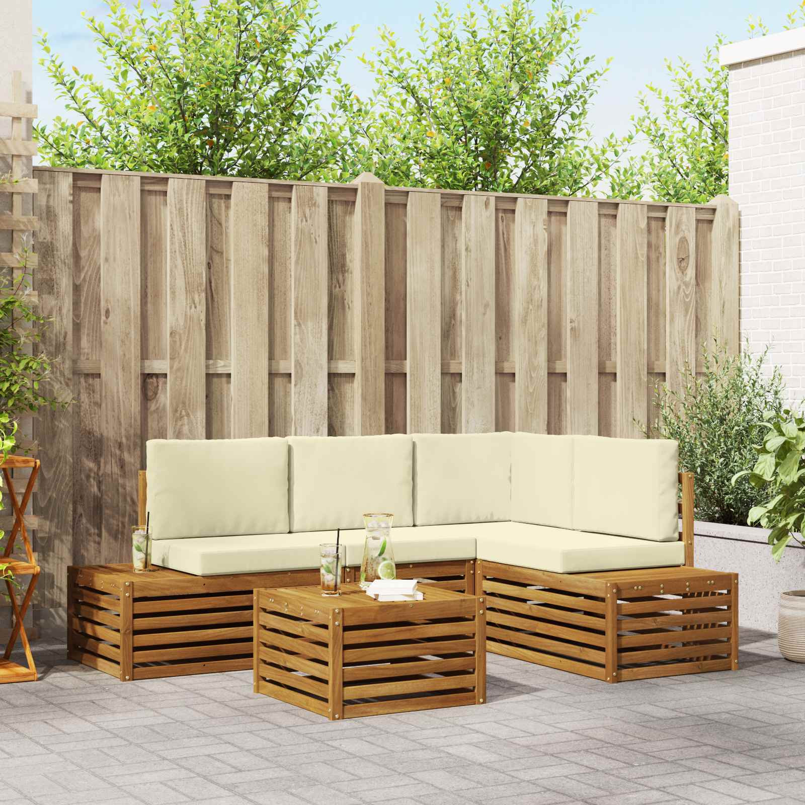 vidaXL Outdoor-Sofagarnitur mit Kissen Natur und Creme 59 x 59 x 37 cm