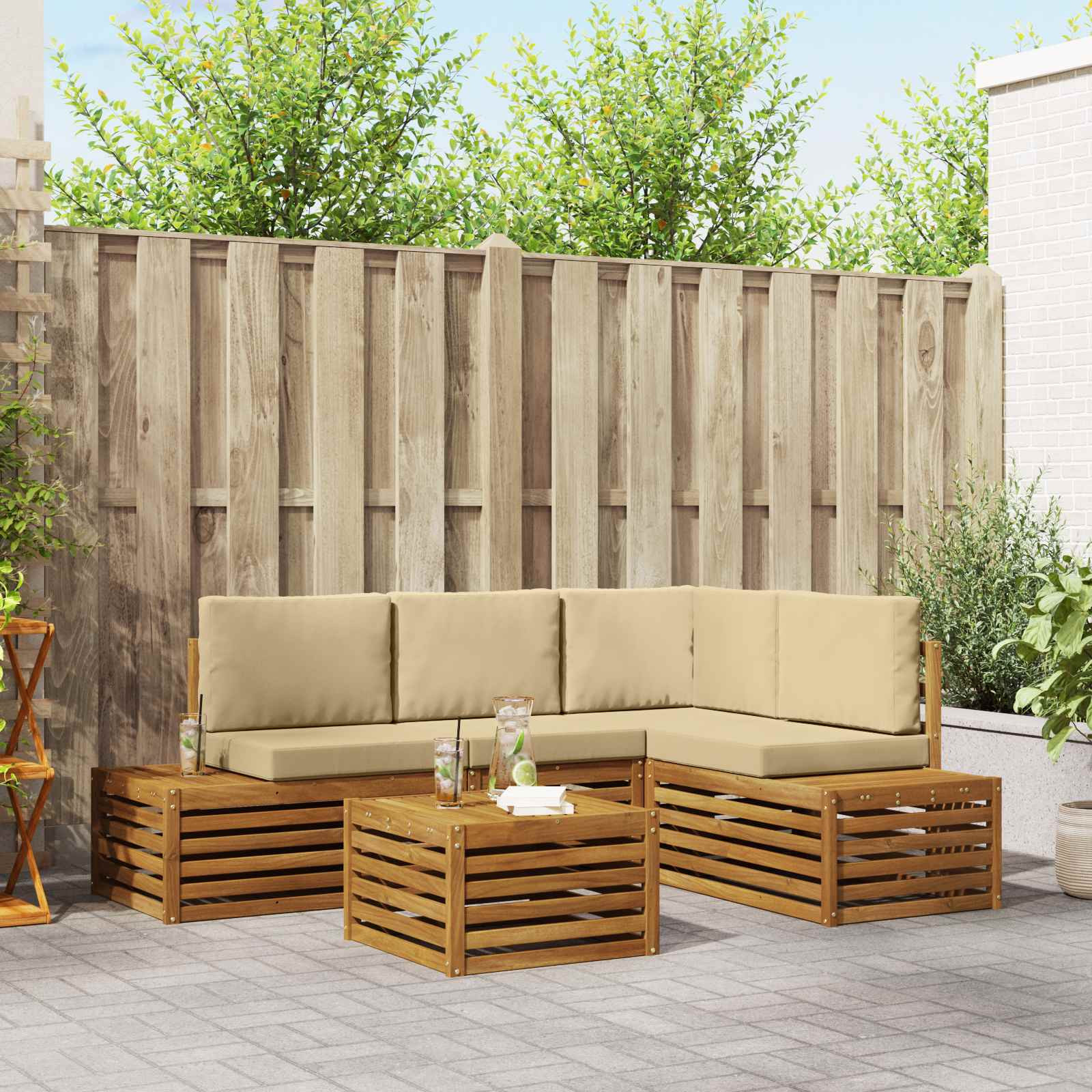 vidaXL Outdoor-Sofagarnitur mit Kissen Natur und Beige 59 x 59 x 37 cm