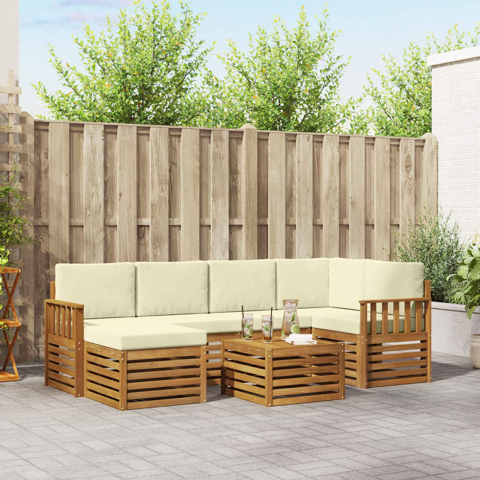 vidaXL Ecksofa Set mit Kissen 7 pcs Natur und Creme Massivholz Akazie
