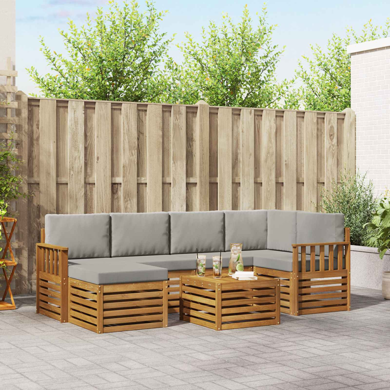 vidaXL Ecksofa Set 7 pcs Natürlich und Hellgrau Massivholz Akazie