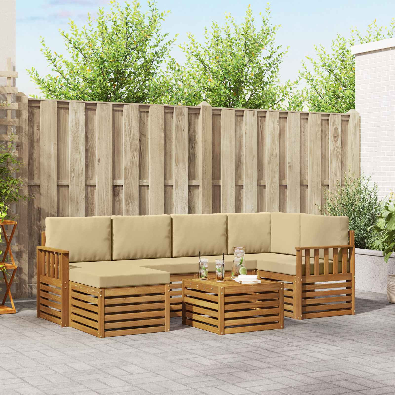 vidaXL Ecksofa Set mit Kissen 7 pcs Natur und Beige Massivholz Akazie