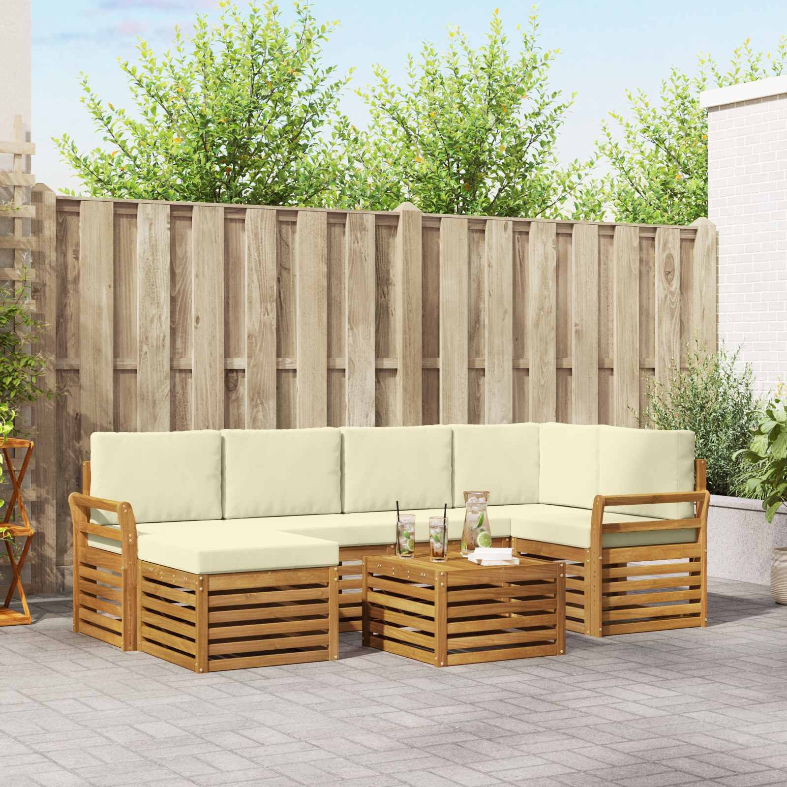 vidaXL Ecksofa Set mit Kissen 7 pcs Natur und Creme Massivholz Akazie