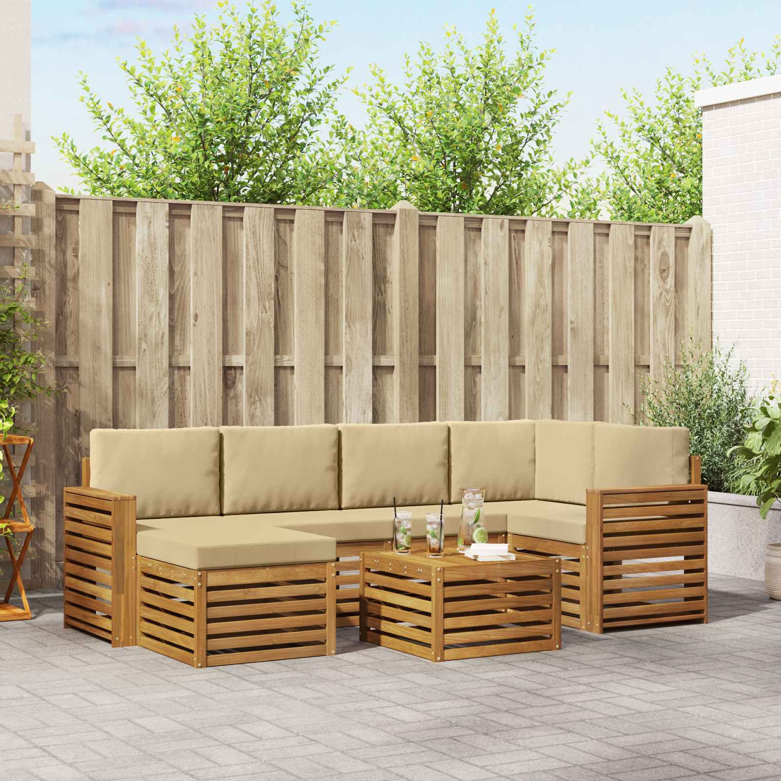 vidaXL Ecksofa Set mit Kissen 7 pcs Natur und Beige Massivholz Akazie