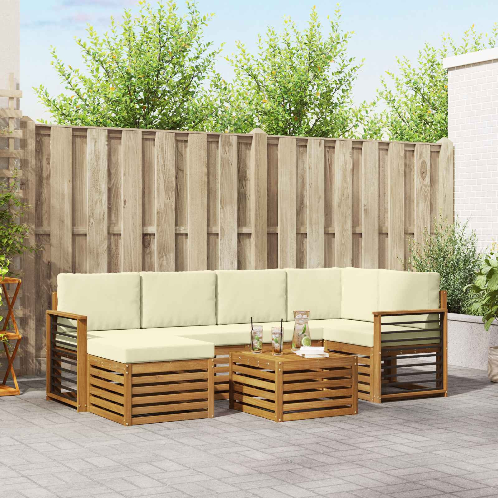 vidaXL Ecksofa Set mit Kissen 7 pcs Natur und Creme Massivholz Akazie
