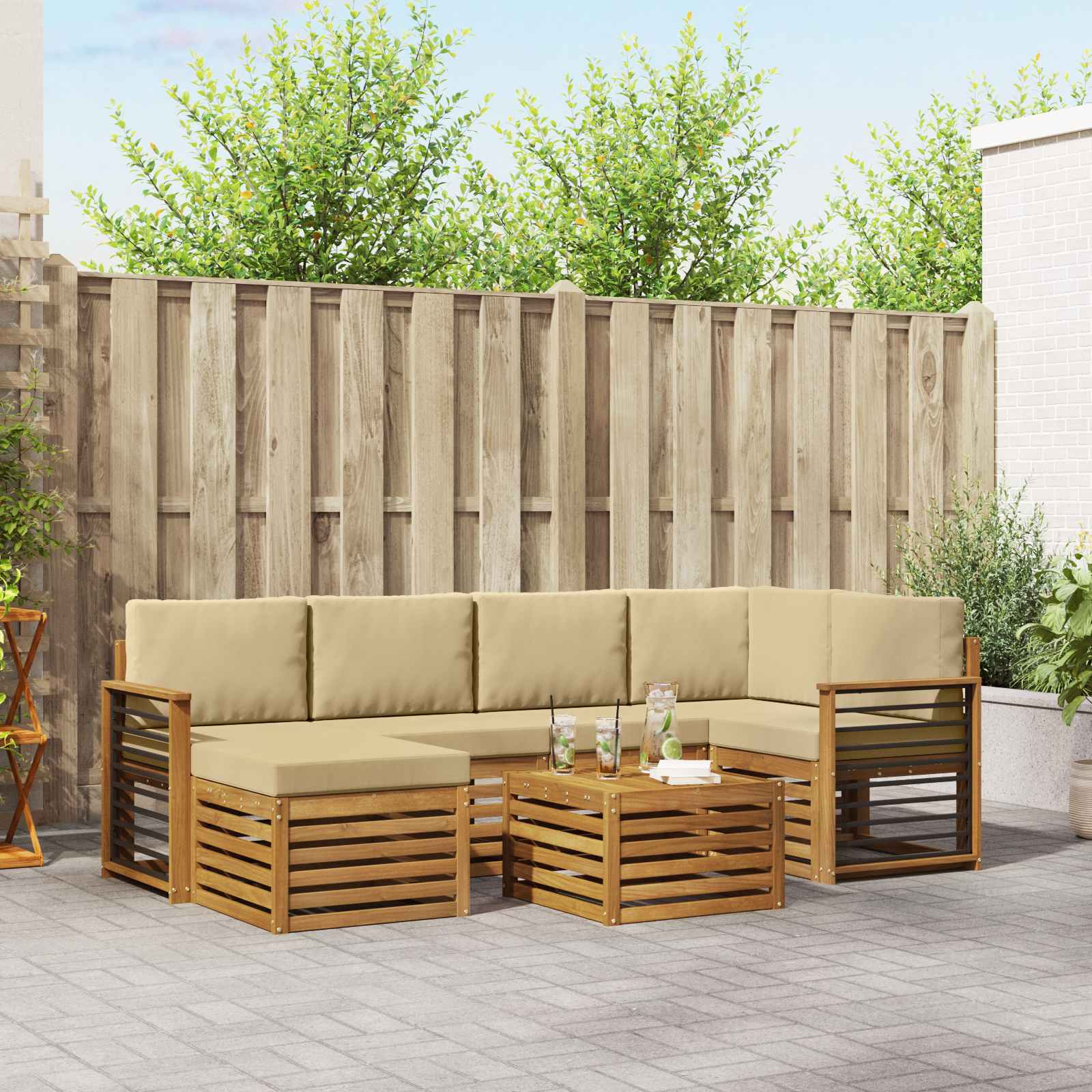 vidaXL Ecksofa Set mit Kissen 7 pcs Natur und Beige Massivholz Akazie