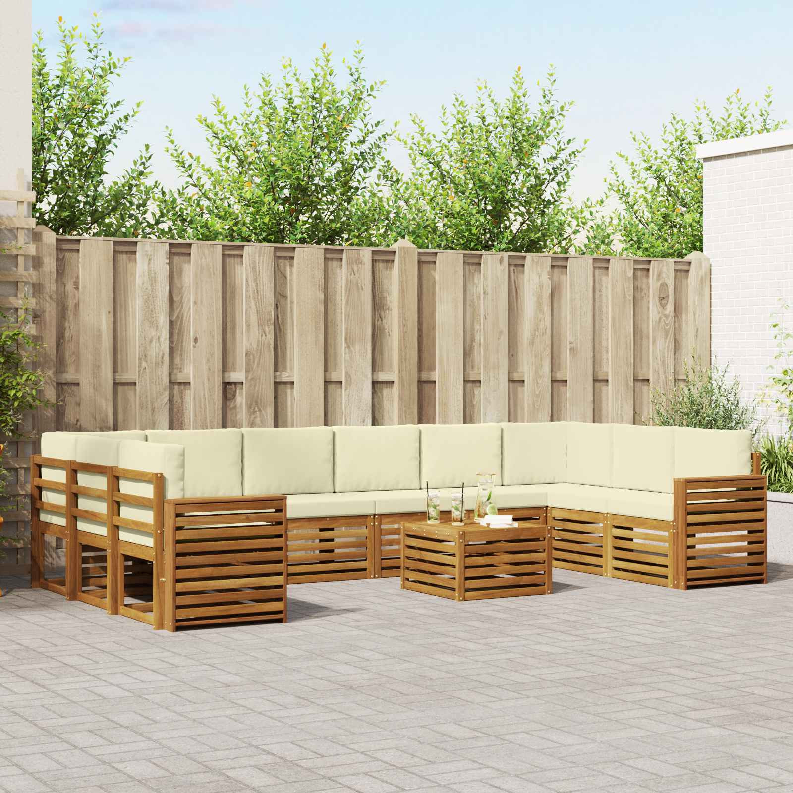 vidaXL Outdoor-Sofagarnitur 11 pcs Natur und Creme Massivholz Akazie
