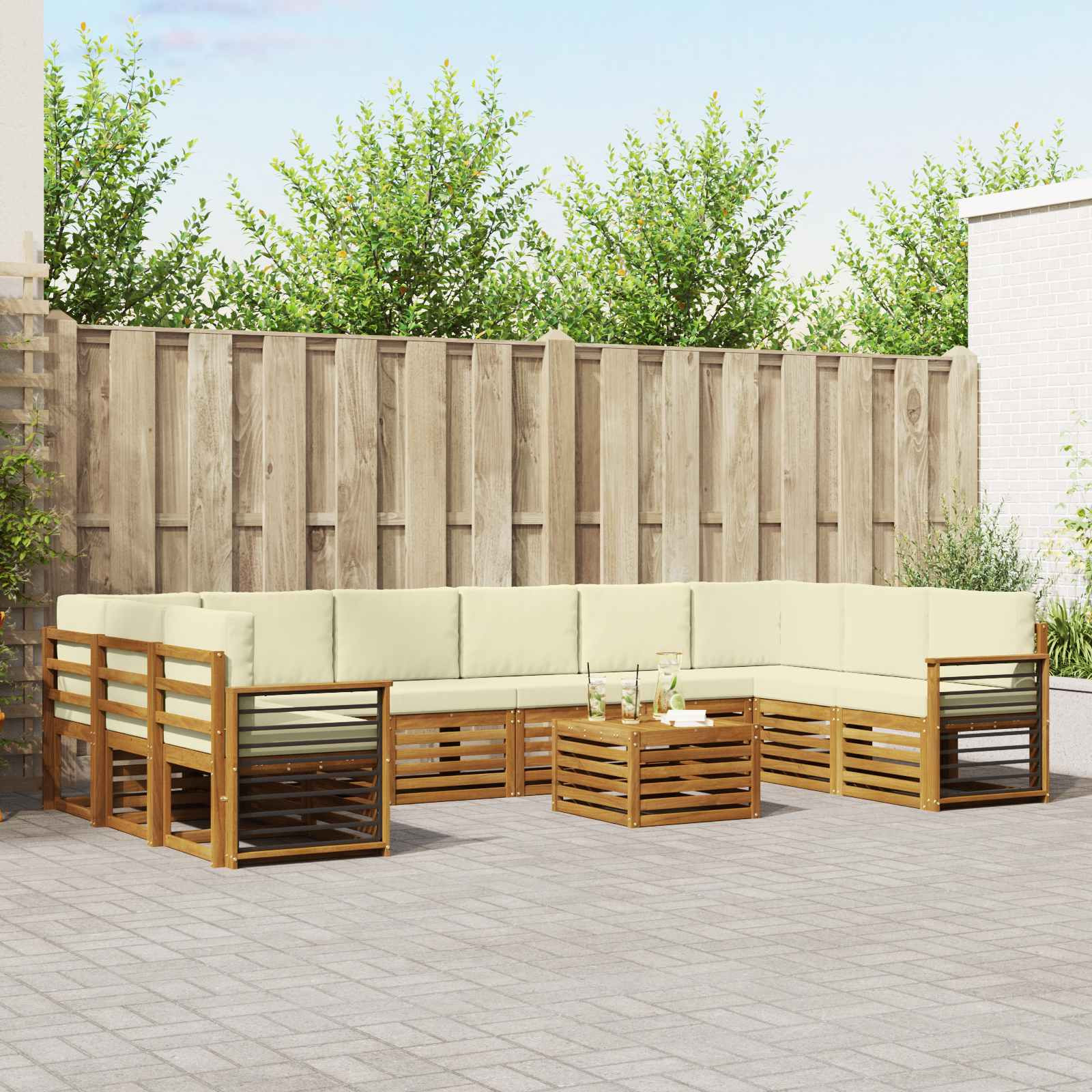 vidaXL Outdoor-Sofagarnitur 11 pcs Natur und Creme Massivholz Akazie