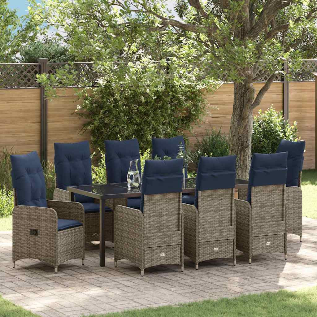 vidaXL Tisch- und Stuhlset mit Kissen 9 pcs Grau PE-Rattan