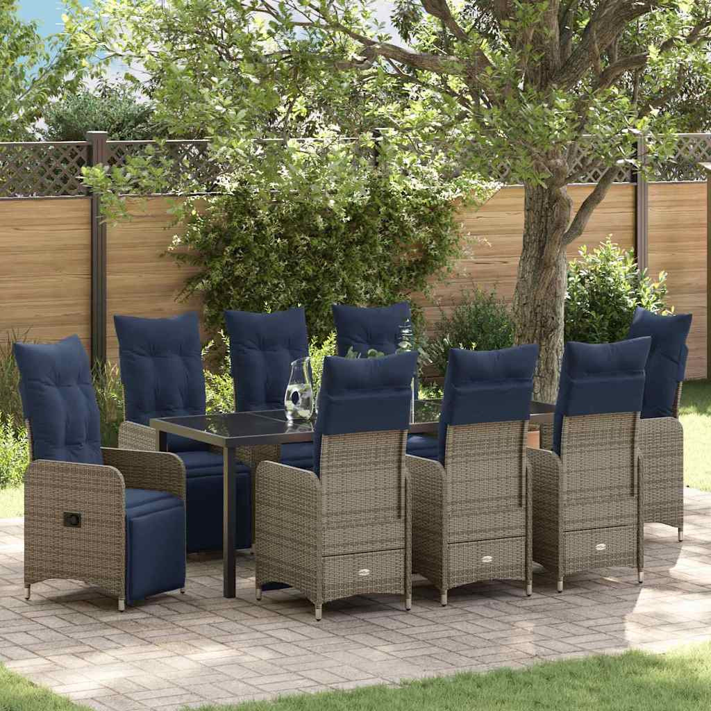 vidaXL Tisch- und Stuhlset mit Kissen 9 pcs Grau PE-Rattan