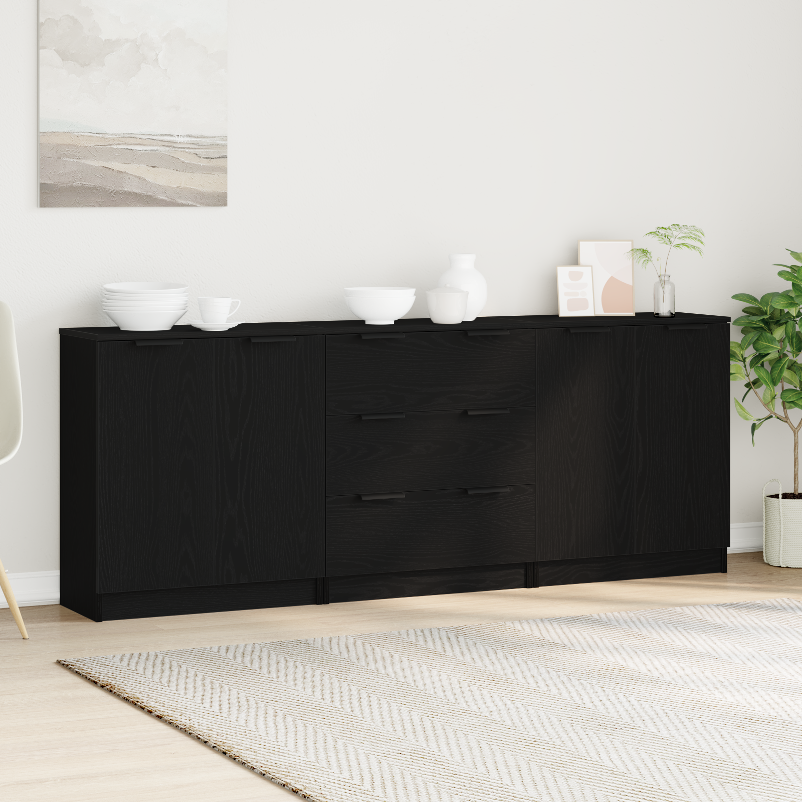 vidaXL Sideboard 3 pcs Schwarz Eichen-Optik 180 x 30 x 70 cm