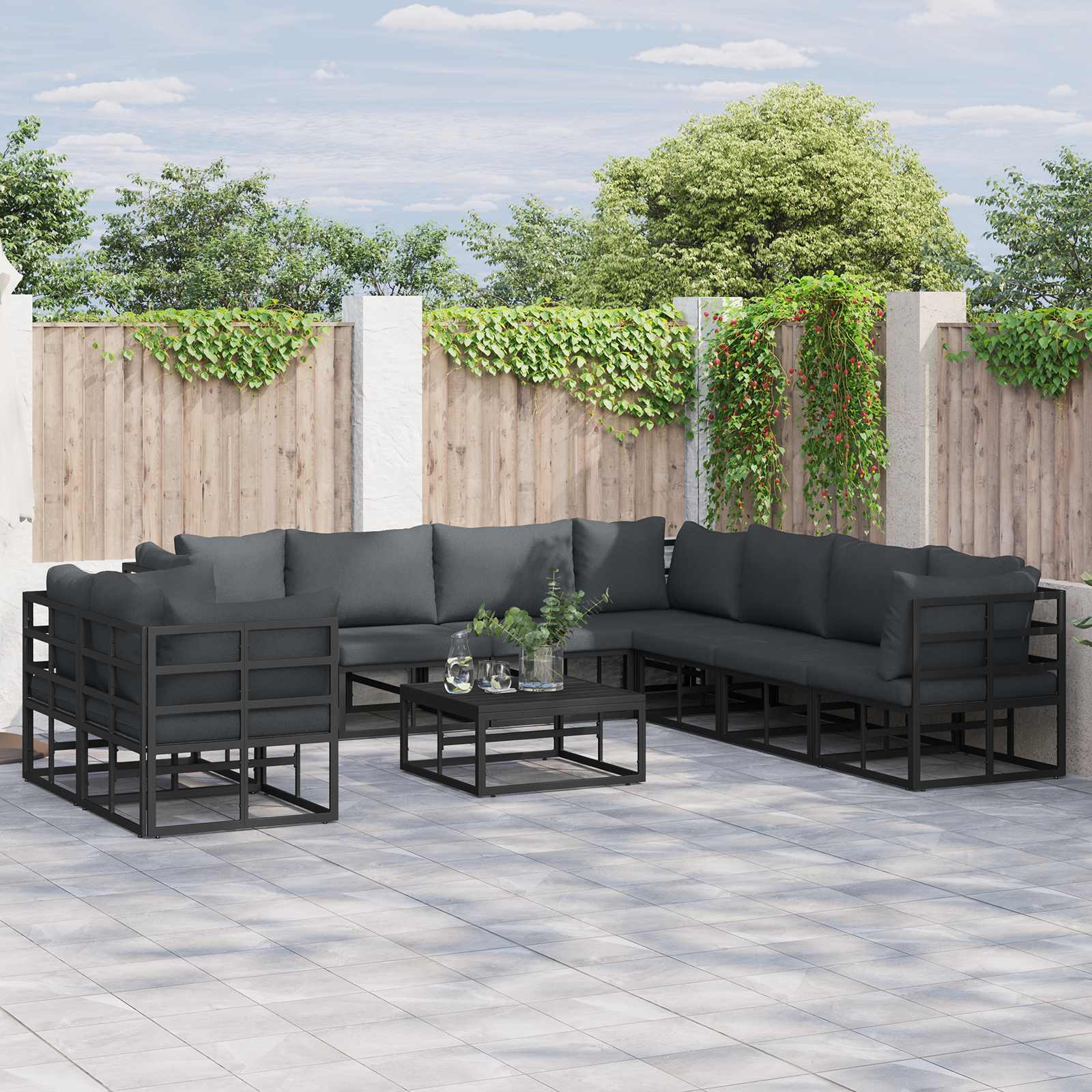 vidaXL Gartensofa-set mit Kissen 9 pcs Schwarz Aluminium