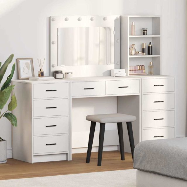 vidaXL Schminktisch mit Spiegelbeleuchtung 3 pcs Weiß Holzwerkstoff