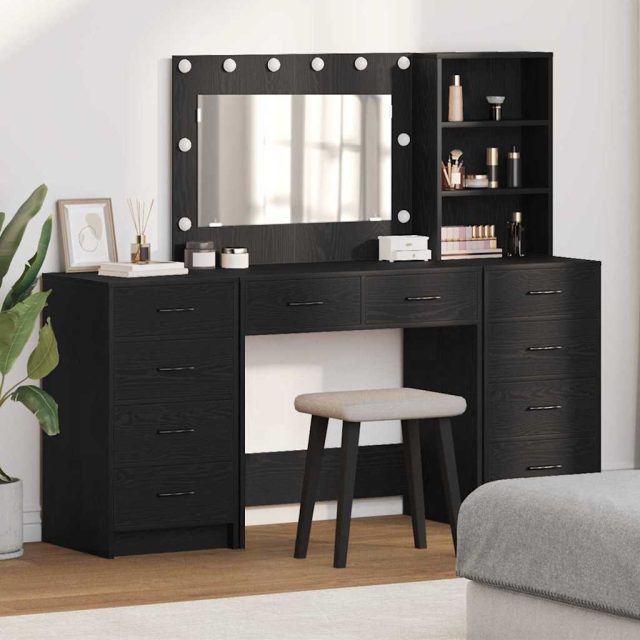 vidaXL Schminktisch mit Regal 3 pcs Schwarz Eichen-Optik Holzwerkstoff