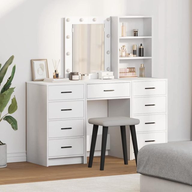 vidaXL Schminktisch mit Spiegelbeleuchtung 3 pcs Weiß Holzwerkstoff