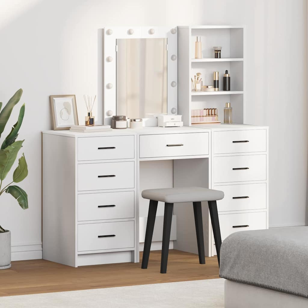 vidaXL Schminktisch mit Spiegelbeleuchtung 3 pcs Weiß Holzwerkstoff