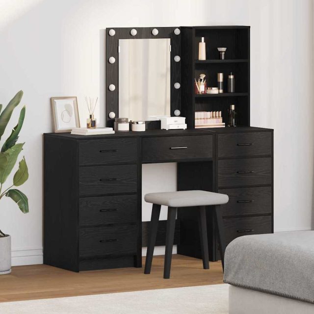 vidaXL Schminktisch mit Spiegelbeleuchtung 3 pcs Schwarz Holzwerkstoff