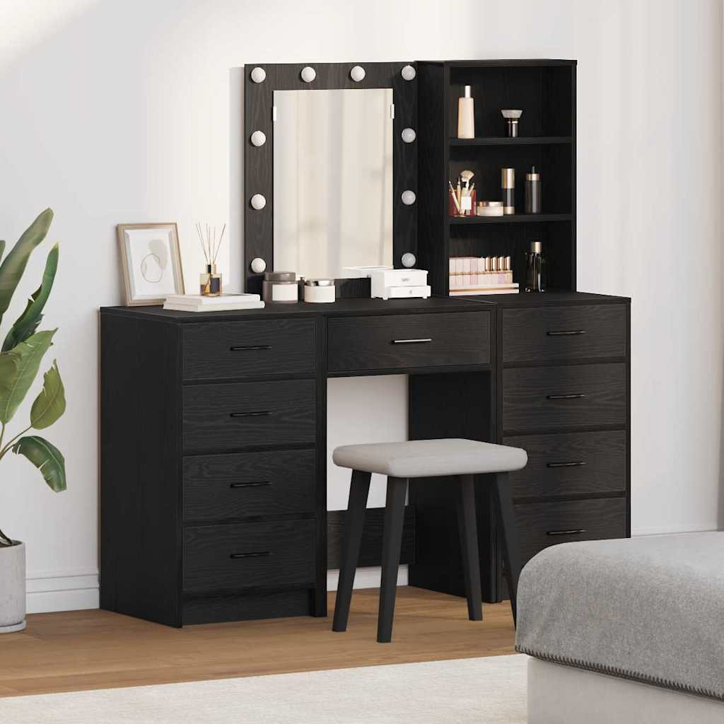vidaXL Schminktisch mit Spiegelbeleuchtung 3 pcs Schwarz Holzwerkstoff