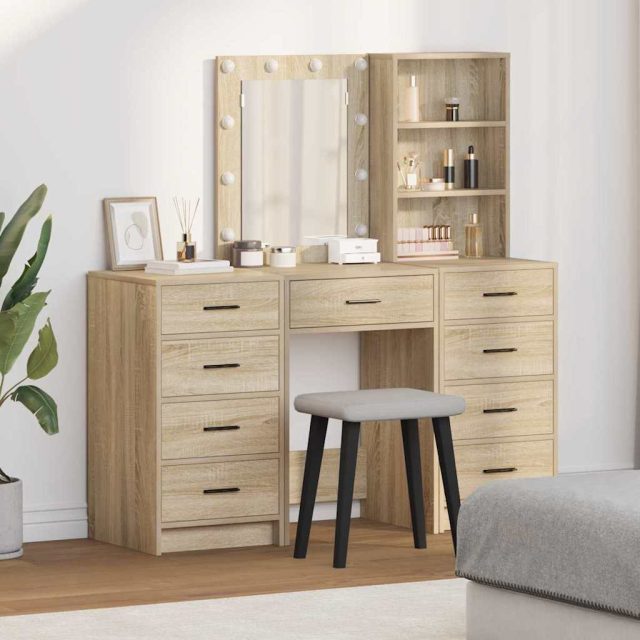 vidaXL Schminktisch mit Spiegelbeleuchtung 3 pcs Braun Holzwerkstoff