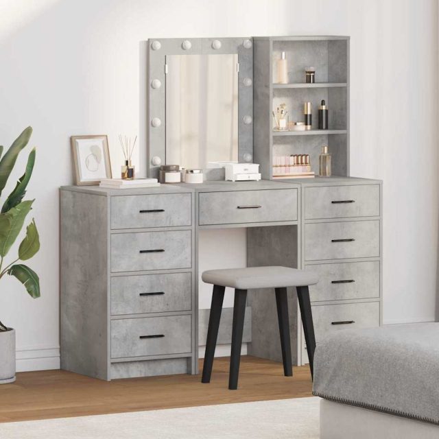 vidaXL Schminktisch mit Spiegelbeleuchtung 3 pcs Grau Holzwerkstoff