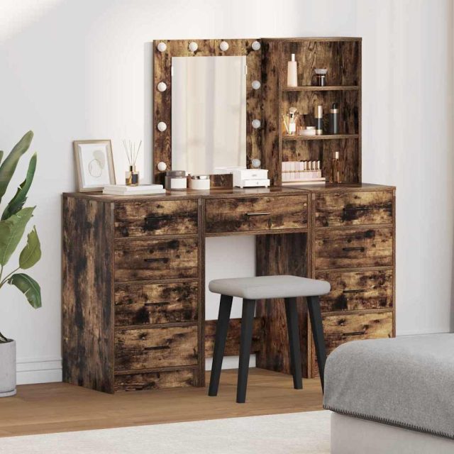 vidaXL Schminktisch mit Spiegelbeleuchtung 3 pcs Braun Holzwerkstoff