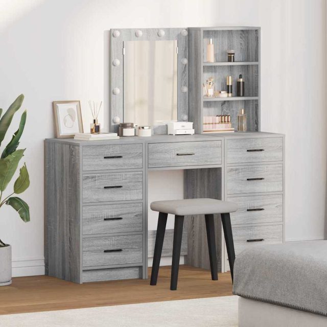 vidaXL Schminktisch mit Spiegelbeleuchtung 3 pcs Grau Holzwerkstoff