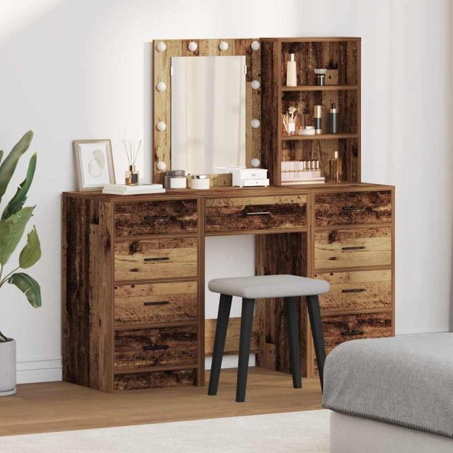 vidaXL Schminktisch mit Spiegelbeleuchtung 3 pcs Braun Holzwerkstoff