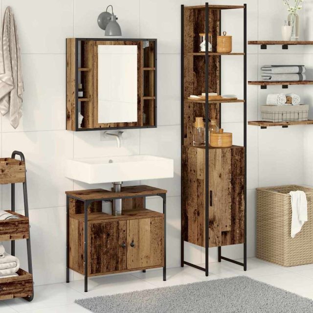 vidaXL Badezimmermöbel-Set mit Regal 3 pcs Altholz Holzwerkstoff