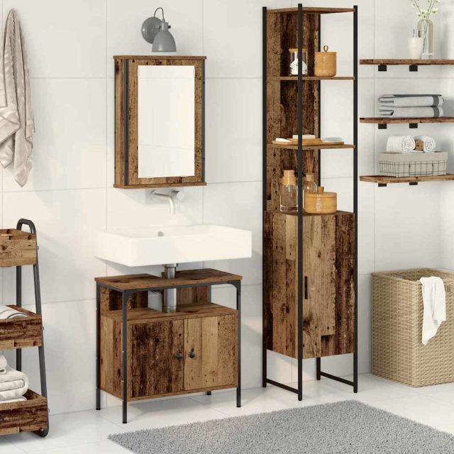 vidaXL Badezimmermöbel Set mit Regal 3 pcs Altholz Holzwerkstoff