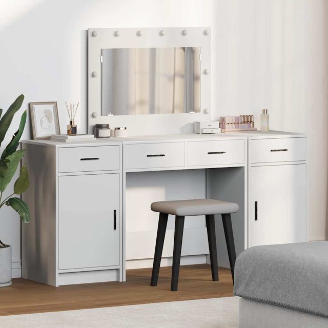 vidaXL Schminktisch mit Spiegelbeleuchtung 3 pcs Weiß Holzwerkstoff