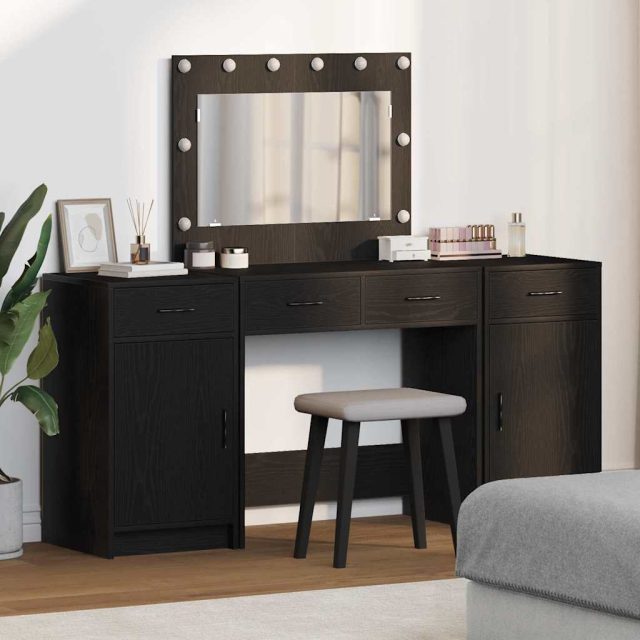 vidaXL Schminktisch mit Spiegelbeleuchtung 3 pcs Schwarz Holzwerkstoff
