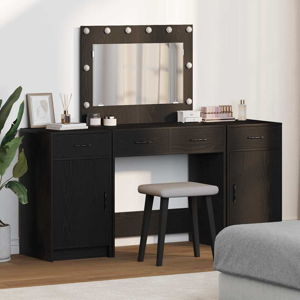 vidaXL Schminktisch mit Spiegelbeleuchtung 3 pcs Schwarz Holzwerkstoff