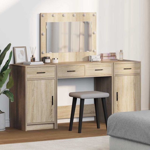 vidaXL Schminktisch mit Spiegelbeleuchtung 3 pcs Braun Holzwerkstoff
