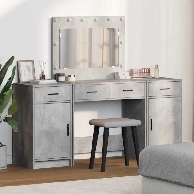 vidaXL Schminktisch mit Spiegelbeleuchtung 3 pcs Grau Holzwerkstoff