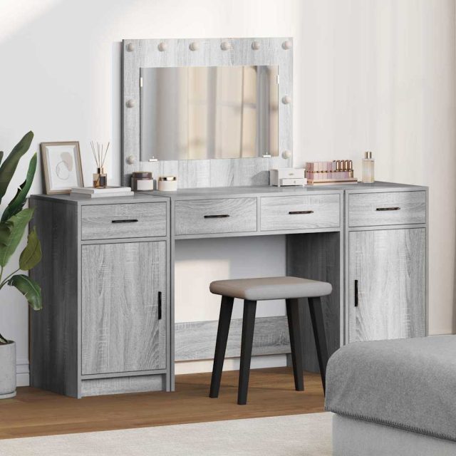 vidaXL Schminktisch mit Spiegelbeleuchtung 3 pcs Grau Holzwerkstoff