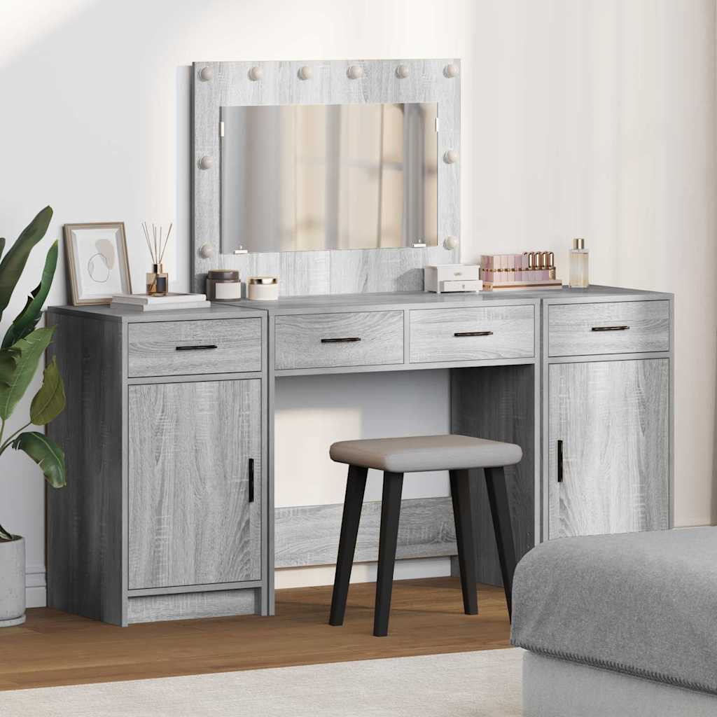 vidaXL Schminktisch mit Spiegelbeleuchtung 3 pcs Grau Holzwerkstoff