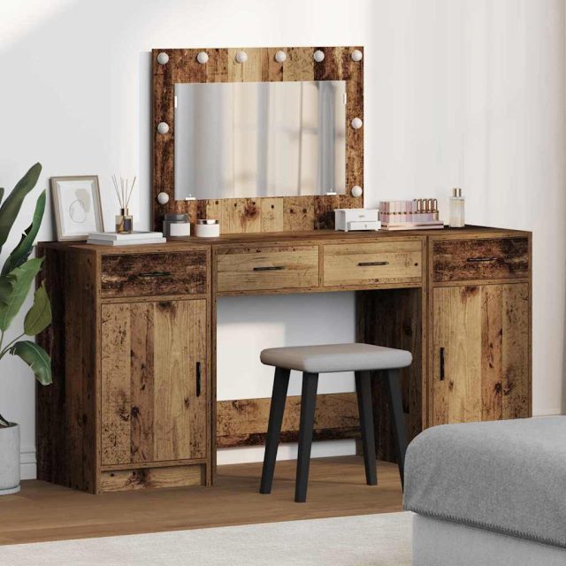 vidaXL Schminktisch mit Spiegelbeleuchtung 3 pcs Braun Holzwerkstoff