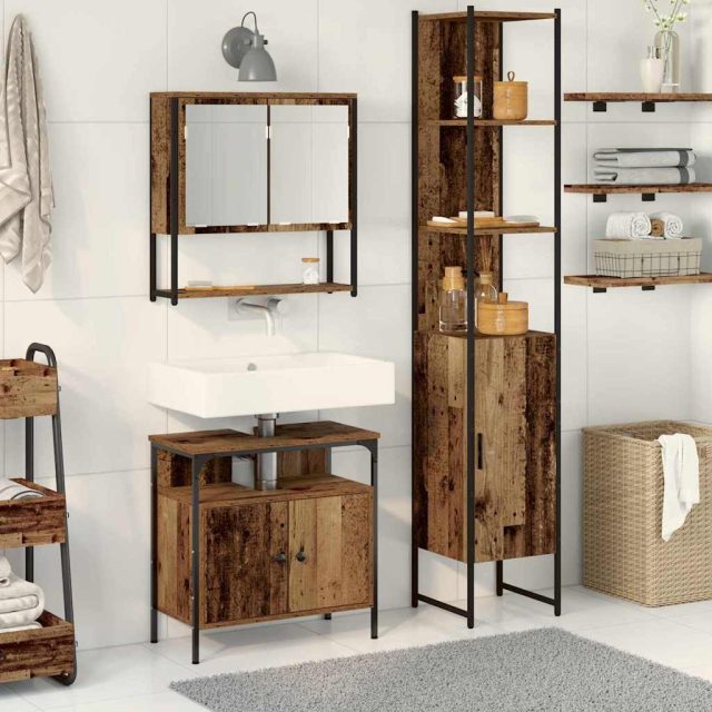 vidaXL Badezimmermöbel-Set mit Regal 3 pcs Altholz Holzwerkstoff