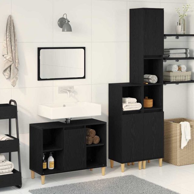 vidaXL Badezimmermöbel-Set mit Speicher 3 pcs Schwarz Holzwerkstoff