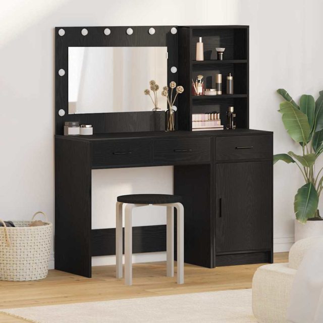 vidaXL Schminktisch mit Spiegelbeleuchtung 2 pcs Schwarz Holzwerkstoff