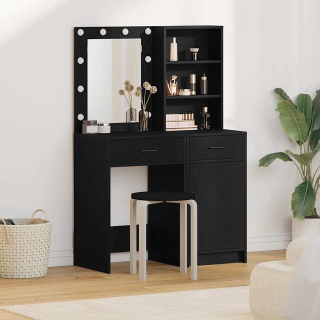 vidaXL Schminktischset mit LED mit Regal 2 pcs Schwarz Eichen-Optik