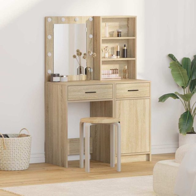 vidaXL Schminktischset mit LED 2 pcs Sonoma-Eiche Holzwerkstoff