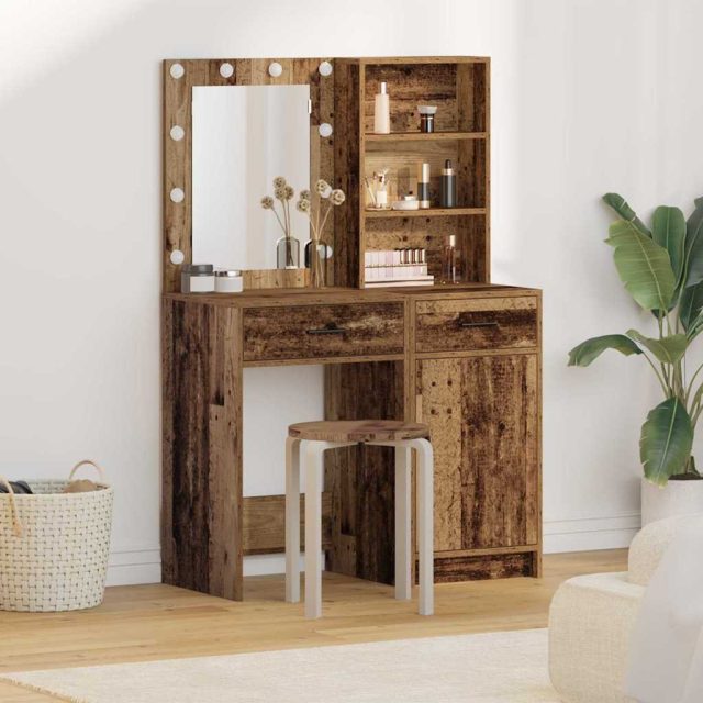 vidaXL Schminktischset mit LED mit Regal 2 pcs Altholz Holzwerkstoff